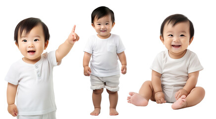 set of Asian happy, smiling baby toddler child in different poses - standing, pointing up, sitting. on transparent background - obrazy, fototapety, plakaty