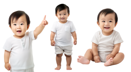 set of Asian happy, smiling baby toddler child in different poses - standing, pointing up, sitting. on transparent background