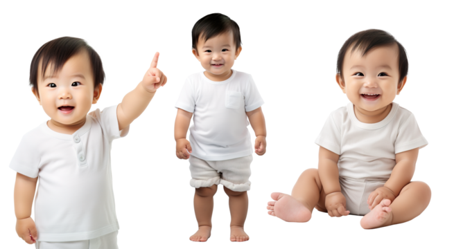 set of Asian happy, smiling baby toddler child in different poses - standing, pointing up, sitting. on transparent background