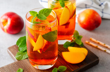 Peach Lemonade, Refreshing Drink, Cocktail, Iced Tea, Tasty Peach Cold Summer Drink on Bright Background