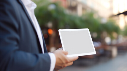 Businessman holding blank screen tablet. Business concept.