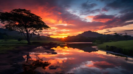 Fototapeta na wymiar sunset rainforest panorama, jungle river with tropical vegetation in Colombia