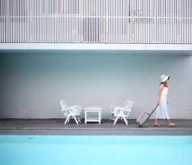 woman with modern minimal place for summer vacation
