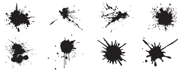 Paint ink splatter, stains set. Splash of paints with drops. High level of tracing and many details. Illustration splash and drip design, silhouette blob spray collection. Vector Illustration. EPS 10