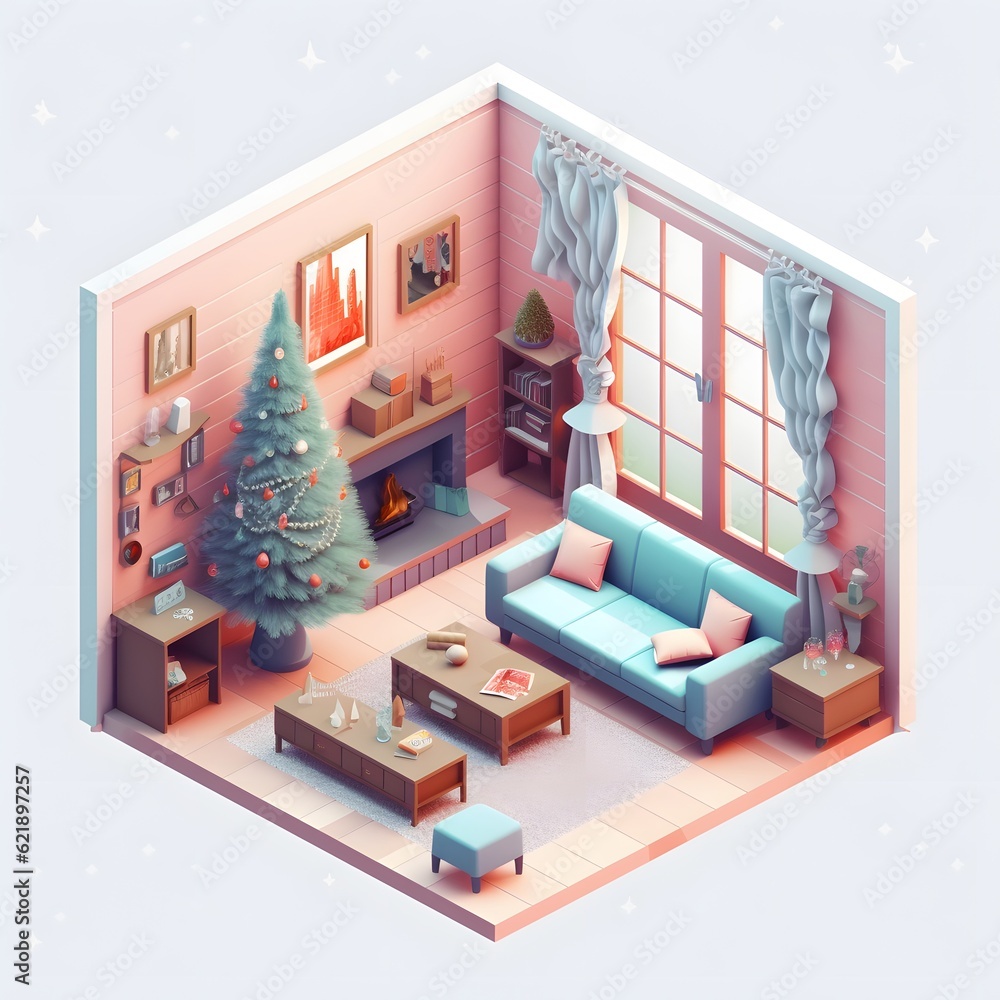 Wall mural isometric christmas fireplace composition