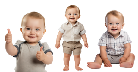 happy, smiling Caucasian toddler kid in different poses - sitting, standing, giving thumbs up. On transparent background