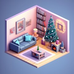 Isometric Christmas Fireplace Composition