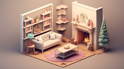 Isometric Christmas Fireplace Composition