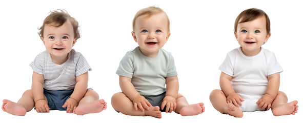 Set of happy, smiling Caucasian toddler baby kid in sitting pose. On transparent background