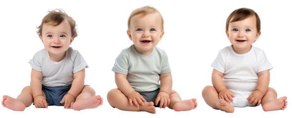 Set of happy, smiling Caucasian toddler baby kid in sitting pose. On transparent background
