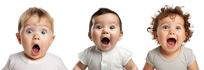 Set of portraits of an excited, shocked, surprised happy Caucasian child baby toddler on transparent background