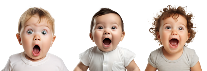 Set of portraits of an excited, shocked, surprised happy Caucasian child baby toddler on transparent background