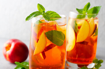 Peach Lemonade, Refreshing Drink, Cocktail, Iced Tea, Tasty Peach Cold Summer Drink on Bright Background