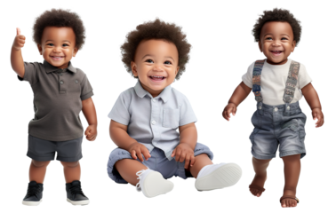 Set of stylish, fashionable, happy, cute Afro-American child toddler in different poses - giving thumbs up, sitting, walking.