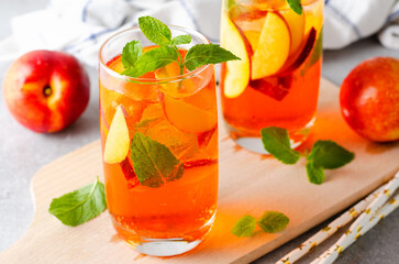 Peach Lemonade, Refreshing Drink, Cocktail, Iced Tea, Tasty Peach Cold Summer Drink on Bright Background