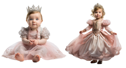 cute toddler girl kid dressed as a princess for carnival on transparent background