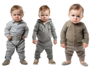 set of full body shots of a standing , frustrated, angry, grumpy, upset toddler kid on transparent background