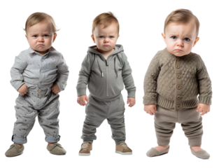set of full body shots of a standing , frustrated, angry, grumpy, upset toddler kid on transparent background