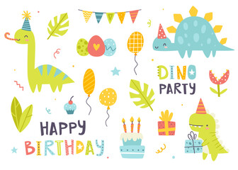Bright dino birthday party set. Cute doodle dinosaurs celebration collection. Stickers bundle with festive dino and decoration.