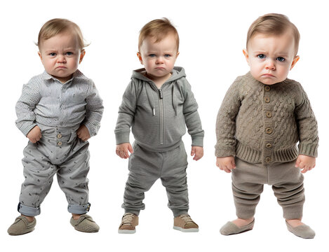set of full body shots of a standing , frustrated, angry, grumpy, upset toddler kid on transparent background