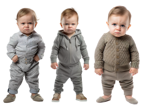 set of full body shots of a standing , frustrated, angry, grumpy, upset toddler kid on transparent background
