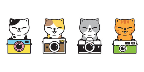 cat vector kitten icon film camera photographer neko calico pet cartoon character doodle symbol tattoo stamp scarf illustration design isolated