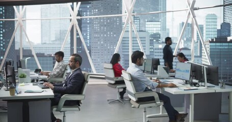 Team of Talented Young Indian Professionals Working in a Corporate Hedge Fund. Financial Analysts and Managers Working on Computers in a South Asian Business Office with Scenic City View - Powered by Adobe