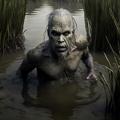 Fototapeta na wymiar A creepy Merman/Swamp creature emerges from the swamp. Half fish, half man. Great for horror, suspense, alien etc. 