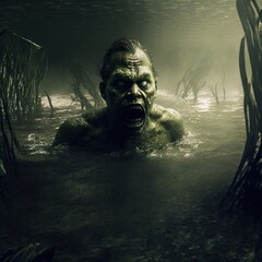 A creepy Merman/Swamp creature emerges from the swamp. Half fish, half man. Great for horror, suspense, alien etc. 