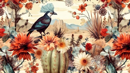 Boho background about Desert Bloom: A Bird Amidst the Floral Wilderness
