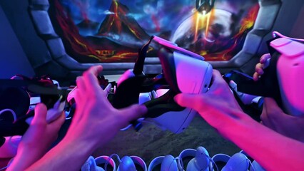 Point of view shot of a team of friends putting on virtual reality headset. Neon lights