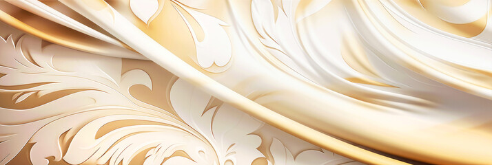 Abstract white and gold silk fabric texture background. Elegant luxury satin cloth with wave. Prestigious, award, luxurious background. Generative AI.