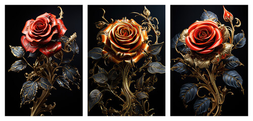 Set of rose floral art posters, gold rose concept art

