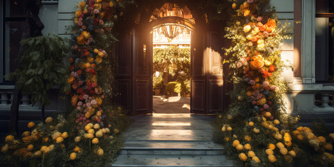 Fototapeta premium Arch of blooming flowers.Decorated entrance door Exterior facade of building with front door.Grand Opening concept.Holidays event, wedding ceremony,birthday celebration, anniversary.Generative ai