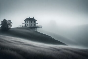 misty morning with mysterious house in the fog  GENERATIVE AI