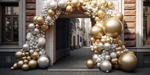 Arch of golden balloons and flowers decoration on the city street. Luxury. Grand Opening, solemn event concept. Holidays event, wedding ceremony,birthday celebration, anniversary, party.Generative ai