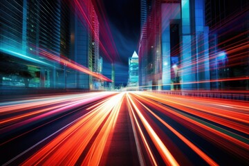 Fototapeta na wymiar Abstract long exposure dynamic speed light trails in city street. AI Generative