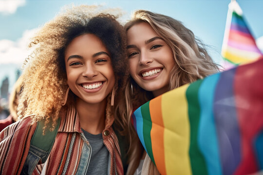 The lisbians are holding a rainbow-coloured flag. AI generative.