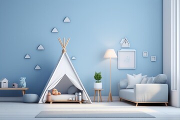 A child's room with a teepee tent and stars on the wall. AI