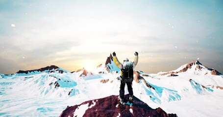 Inspiring Journey of a Mountain Climber Who Conquered the Peak. Success Story Of A Person. Concept 3D CG Animation.