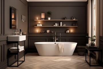 Naklejka na ściany i meble A bathroom with a bathtub, sink, and mirror. AI