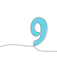 Obraz premium Number 9 drawn by hand with continuous line. Vector icon nine in sketch style.