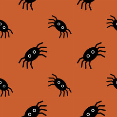 Halloween spiders, seamless pattern, vector. Black spiders on an orange background.