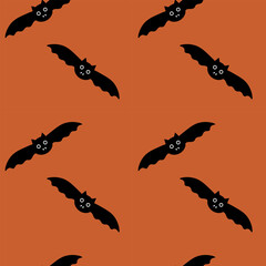 Halloween bats, seamless pattern, vector. Black bats on an orange background.