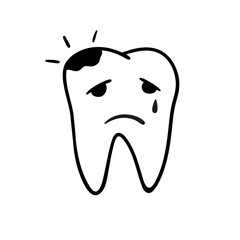 Sick crying tooth with caries in sketch style. Sad kid tooth vector icon.