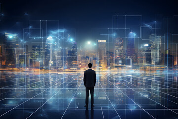 Obraz premium Smart AI technology city in the metaverse. Digital data skyscrapers of the future.Internet, science, and business concepts. smart city and communication network.