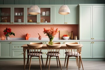 A kitchen with a marble counter top and pink stools. AI