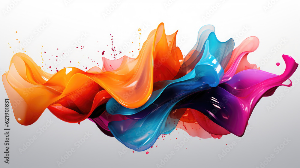 Poster a group of different colored liquids on a white surface. generative ai. rainbow wave on white backgr