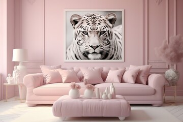 A living room with a pink couch and a tiger. AI