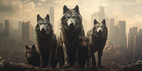 a group of gray wolves in a apocalyptic city, generative ai